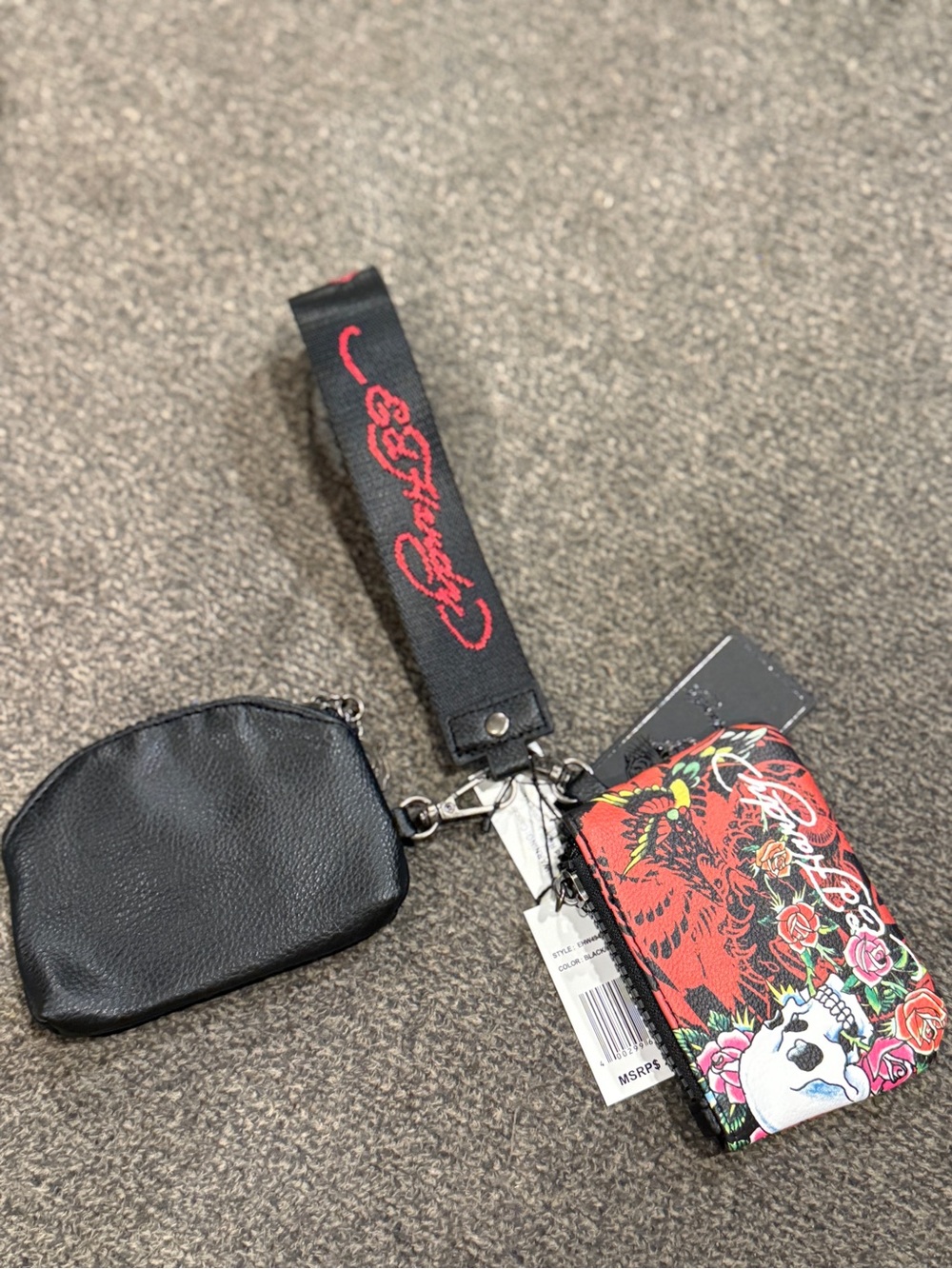 Ed Hardy Black & Red Floral Skull Wristlet Keychain Set - Picture 4 of 11